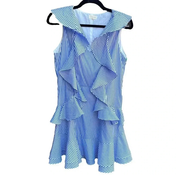 Tea & Cup Blue White Stripe Ruffle Mini Dress - Picture 1 of 7
